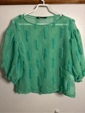 Zara Sheer Textured Mint Green Balloon Sleeve Blouse